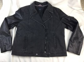 Tommy Hilfiger Women&#39;s Jean Jacket W/ Black Faux Leather Sleeve Denim Size XL - £31.35 GBP