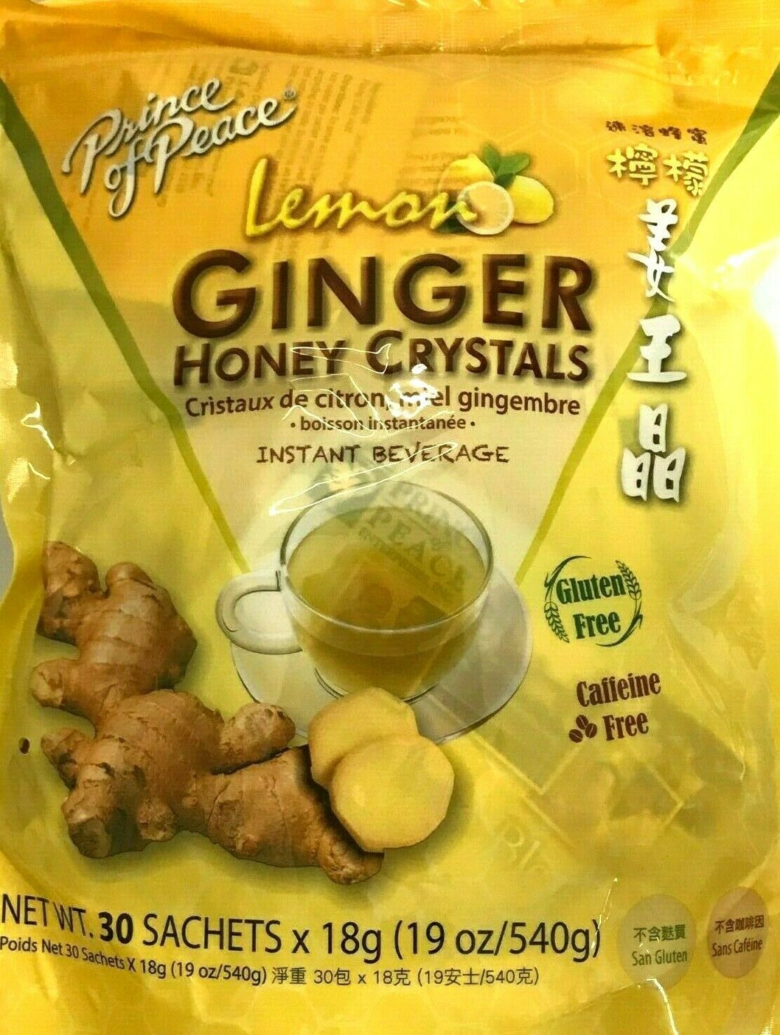 1/2/4 Bags, Prince of Peace Lemon Ginger Honey Crystals 19 Oz/540g 30 Sachets