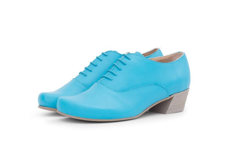 Turquoise Blue Oxford Derby Lace Up Chunky Heel Handmade Women Attractive Shoes
