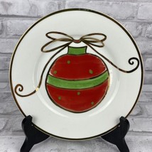 Pier 1 Holiday Plate Handpainted Ornament White Red Green Gold Trim Dess... - $10.22
