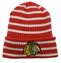 Chicago Blackhawks Adidas NHL Red &amp; White Striped Knit Hockey Beanie Winter Hat - £16.37 GBP