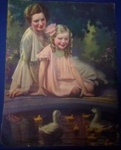 Vintage Lithograph Mother &amp; Daughter At Duck Pond Print 3814 - £6.28 GBP