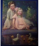 Vintage Lithograph Mother &amp; Daughter At Duck Pond Print 3814 - £6.27 GBP