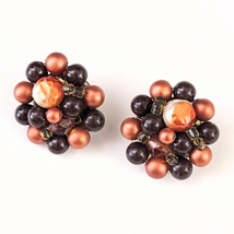 Vintage Orange and Brown Bead Cluster Clip-On Earrings, 1.25 in. - £15.54 GBP