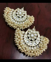 Bollywood Style Indian Pearl Kundan Chandbali Stud Earrings Bridal Jewelry Set - £22.76 GBP