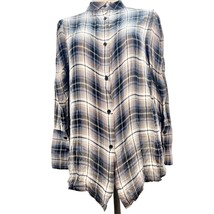 Elan Women&#39;s Small Blue Plaid LS Rayon High Low Button Up Mock Neck Top - £19.49 GBP