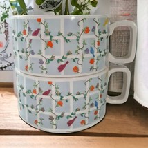 Vintage 70s Soup Mugs Chili Cups Ceramic Floral Cottagecore Garden Birds Flowers - £16.68 GBP
