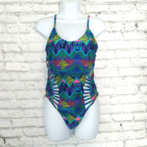 Stylish Swimwear Womens Large Blue Geometric Cut Out One Piece Swim Suit 90s - £21.23 GBP