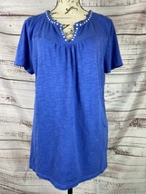 Talbots Embroidered Split Neck Tee Womens L Short Sleeves Slub Knit Cotton Blue - £10.75 GBP