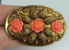 antique brass brooch CORAL pink flowers old vintage ESTATE SALE - $74.79