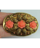 antique brass brooch CORAL pink flowers old vintage ESTATE SALE - £58.81 GBP