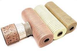 Christmas Holiday Rose Gold Themed Metallic Deco Mesh and 3 Rolls of Wired Ribbo - $46.01