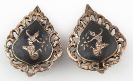 VINTAGE SIAMESE STERLING SILVER AND NIELLO ETCHED FILIGREE CLIP-ON EARRINGS - $134.71