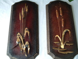 Vintage retro wood metal sculpture wall plaque 2 piece set with cattails... - $44.55