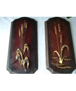 Vintage retro wood metal sculpture wall plaque 2 piece set with cattails... - $846.75 MXN