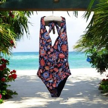 Loft Beach sz 2 Tie Neck Halter Lightly Padded Blue Red Floral 1 Piece S... - $21.73