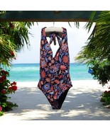 Loft Beach sz 2 Tie Neck Halter Lightly Padded Blue Red Floral 1 Piece S... - $30.49 CAD