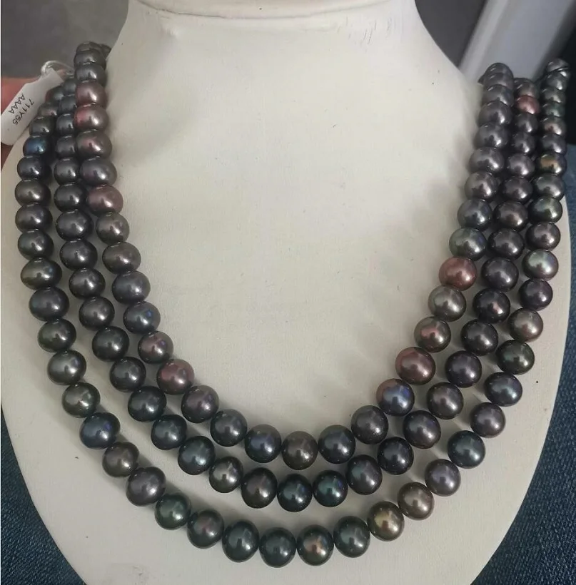 Three-Strand AAAA LUSTER 10-11mm REAL natural Tahitian black pearl necklace 14k - £331.65 GBP