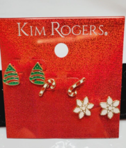 Kim Rogers Gold Tone Stud Earrings Christmas Trees Candy Canes 3 Pair New - $10.50