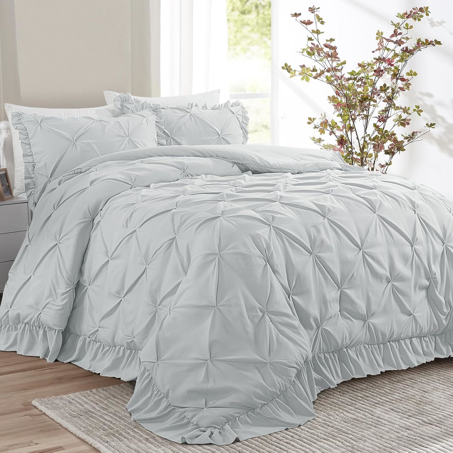 120X120 Oversized King Comforter Set, 3 Piece Ultra Soft Pinch Pleat Bedding Set