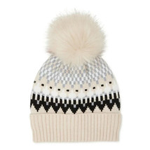 Time And Tru Women&#39;s Fair Isle Knit Beanie Hat W Pom Pom Oatmeal Heather... - £13.09 GBP