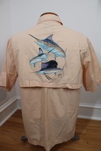 Guy Harvey M Peach Orange Blue Marlin Fish Vented Cotton Poly Short Sleeve Shirt - £21.01 GBP