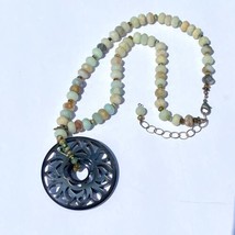 Mother of Pearl MOP Carved Pendant &amp; Ocean Jasper Stone Necklace Adjusts 20-23” - £24.31 GBP