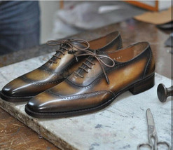 Handmade Men’s Leather Oxfords Wingtip Tan Lace Up Dress Fashion Dress Shoes-249 - £164.34 GBP