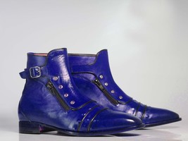 Handmade Men’s Purple Ankle High Boots, Men Cap Toe Buckle &amp; Zipper Leather Boot - £128.28 GBP+