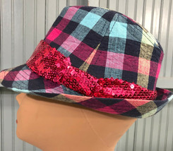 Justice Colorful Pink Plaid Girls Juniors Fedora Sequin Hat Cap - £12.06 GBP