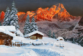 Giclee Oil Painting Snow mountain sunset scene - £7.58 GBP+