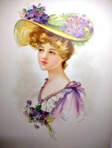 Victorian Art Print Lovely Women Wears Fancy Flower Hat Lithograph 1908 Original - £23.53 GBP