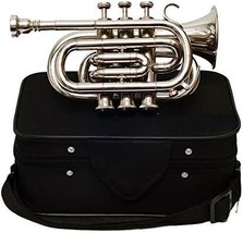 Queen Brass Pocket Trumpet Chrome Finish B-Flat W/Case+Mp Silver - £111.01 GBP