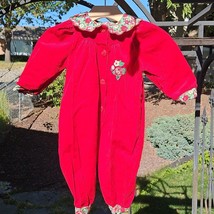 Vintage Corduroy Jumpsuit Romper Girl 18 Mos Red Floral Scallop Collar L... - $23.02