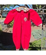 Vintage Corduroy Jumpsuit Romper Girl 18 Mos Red Floral Scallop Collar L... - $23.02