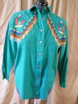 Womans Vintage Western Blouse Embroidered Beaded Fringe Sz Large Padded ... - $33.65