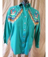 Womans Vintage Western Blouse Embroidered Beaded Fringe Sz Large Padded ... - $46.02 CAD
