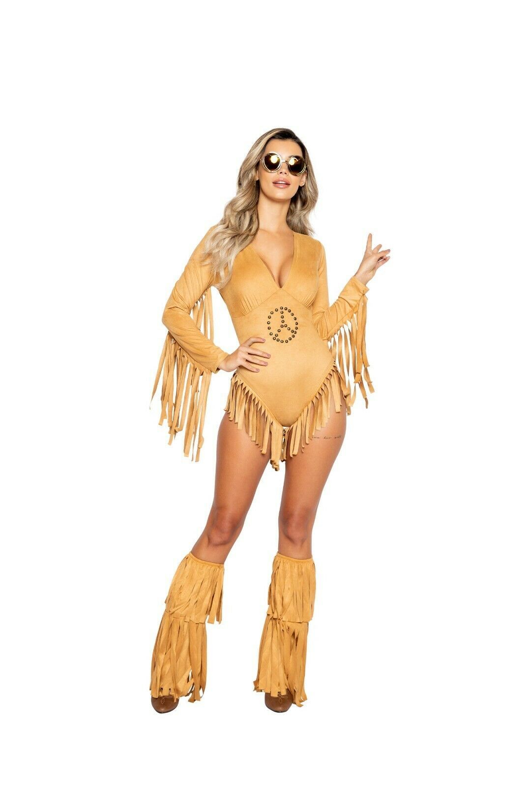 Roma Peace Lover Hippie Beige LS Bodysuit with Fringe Detail Costume 4998 - $64.99