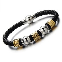 Mens Genuine Black Braided Leather Bangle Bracelet with Stainless Steel Bead Str - $49.99