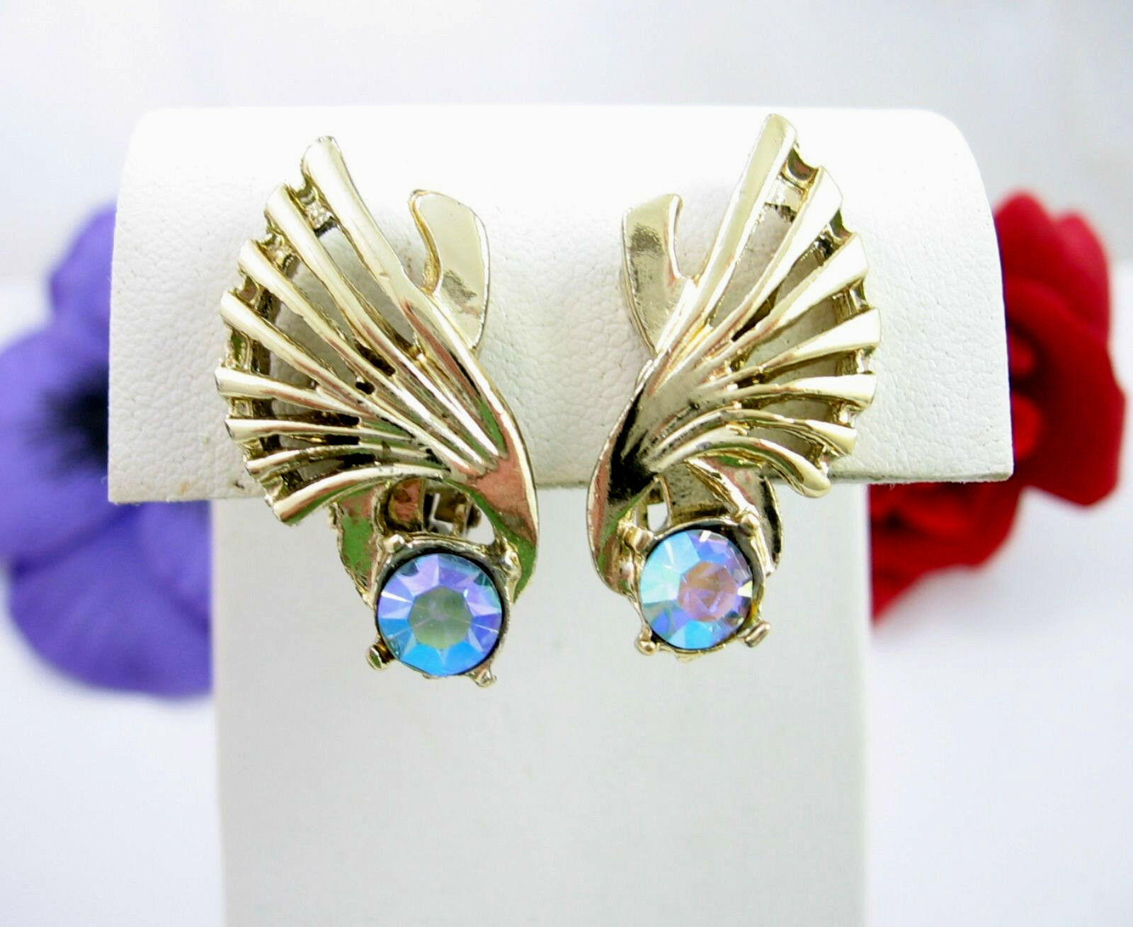 Primary image for FAN Wings EARRINGS Vintage Aurora Borealis AB Rhinestone Goldtone Clip On Clips