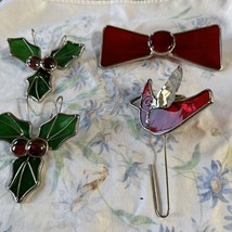 Lot Christmas Stained Glass Decor Holly Cardinal Bow Tie - £44.83 GBP