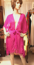 Girly Pink Semi Sheer Glam Robe Metallic Threads~Elastic Waist~Attached Tie~Sz M - £7.88 GBP