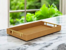 16&quot; Camel Brown Wood Faux Shagreen Serving Tray With Handles - $1,676.56 MXN