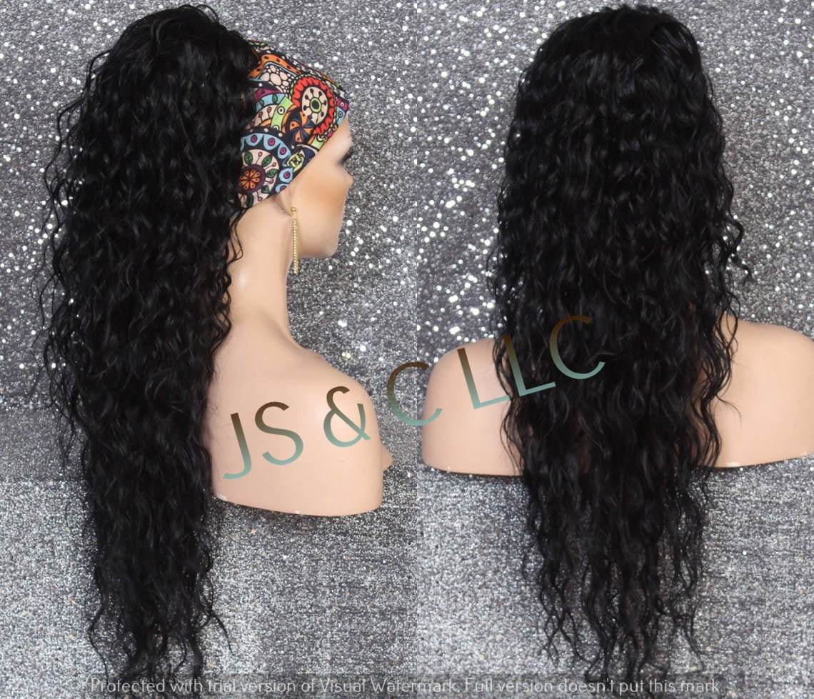 Black Human Hair Blend PONYTAIL Hair piece Drawstring extra long wavy Si... - $49.95