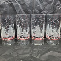 Coca Cola Coke Christmas Glass Cup White Tree Embossed Winter Scene Set of 4 Vtg - £31.96 GBP