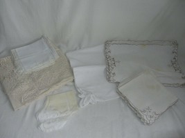 Lot of Vtg Napkins Embroidered Cut out &amp; Large Lace Edge Tablecloth 116&quot; x 54&quot; - £23.34 GBP