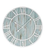 Oversized Coastal Wall Clock Aqua Blue Distressed Wood White Roman Numerals - $85.10