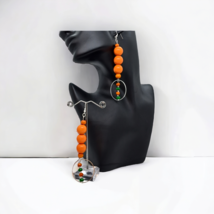Orange wood long drop earrings jewelry set - £18.95 GBP