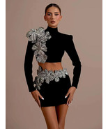 Sexy Long Sleeves Bandage Turtleneck Shiny Diamonds Flower Top + Bodycon... - €274,76 EUR