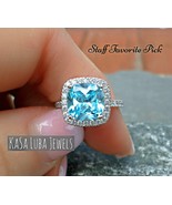 Aqua CZ Sterling Silver Ring - Cushion Cut Halo Anniversary Ring - $1,192.49 MXN